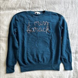 Lingua Franca Cashmere Teal Sweater with Embroidered Text